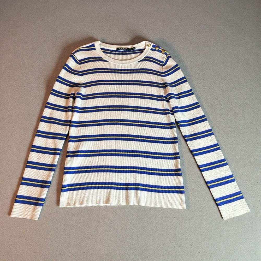 LAUREN RALPH LAUREN NAUTICAL STRIPED KNIT TOP SIZE LARGE GOLD BUTTONS
